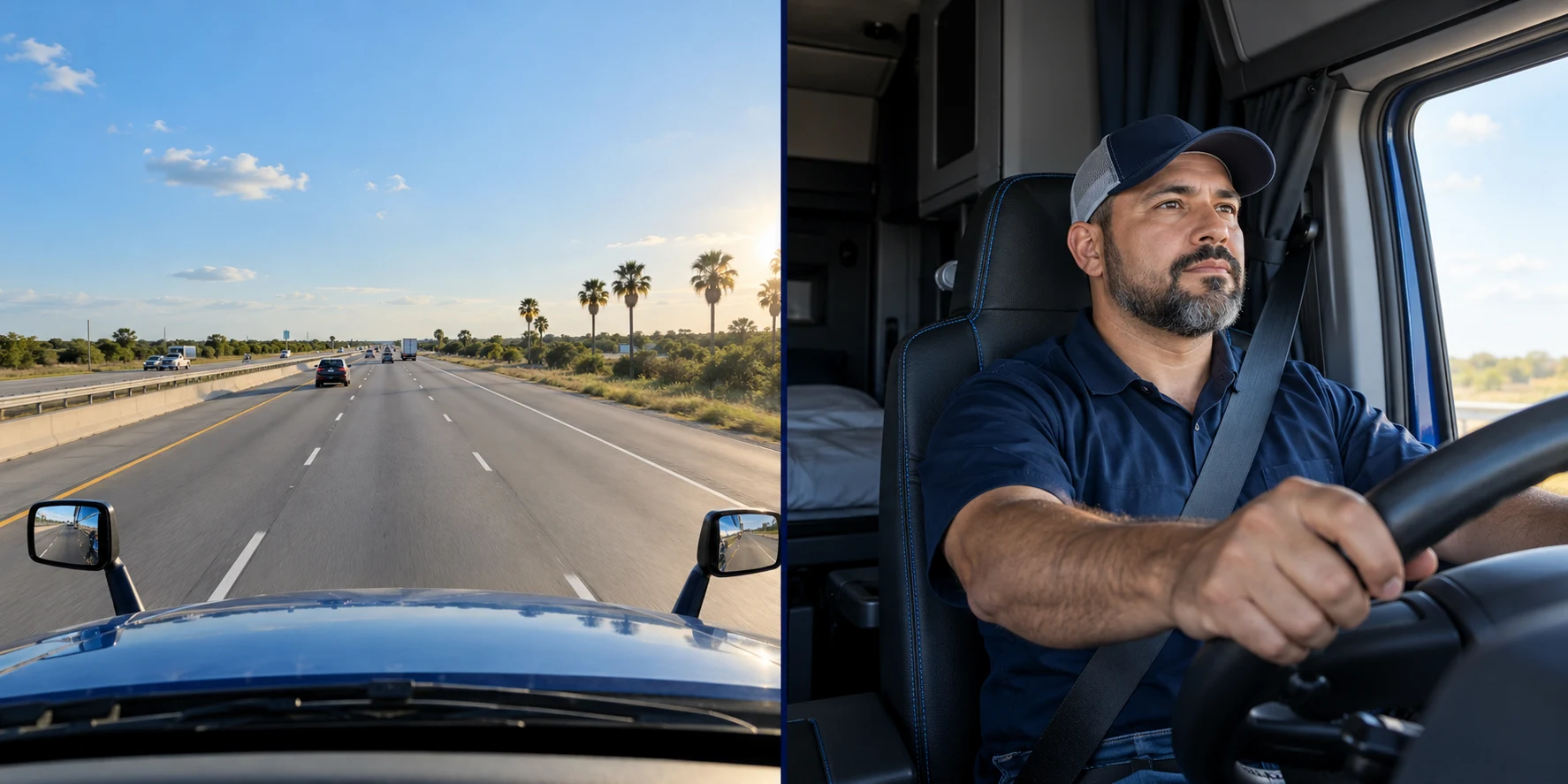 Illustrative front-facing highway camera and inward-facing truck cabin camera