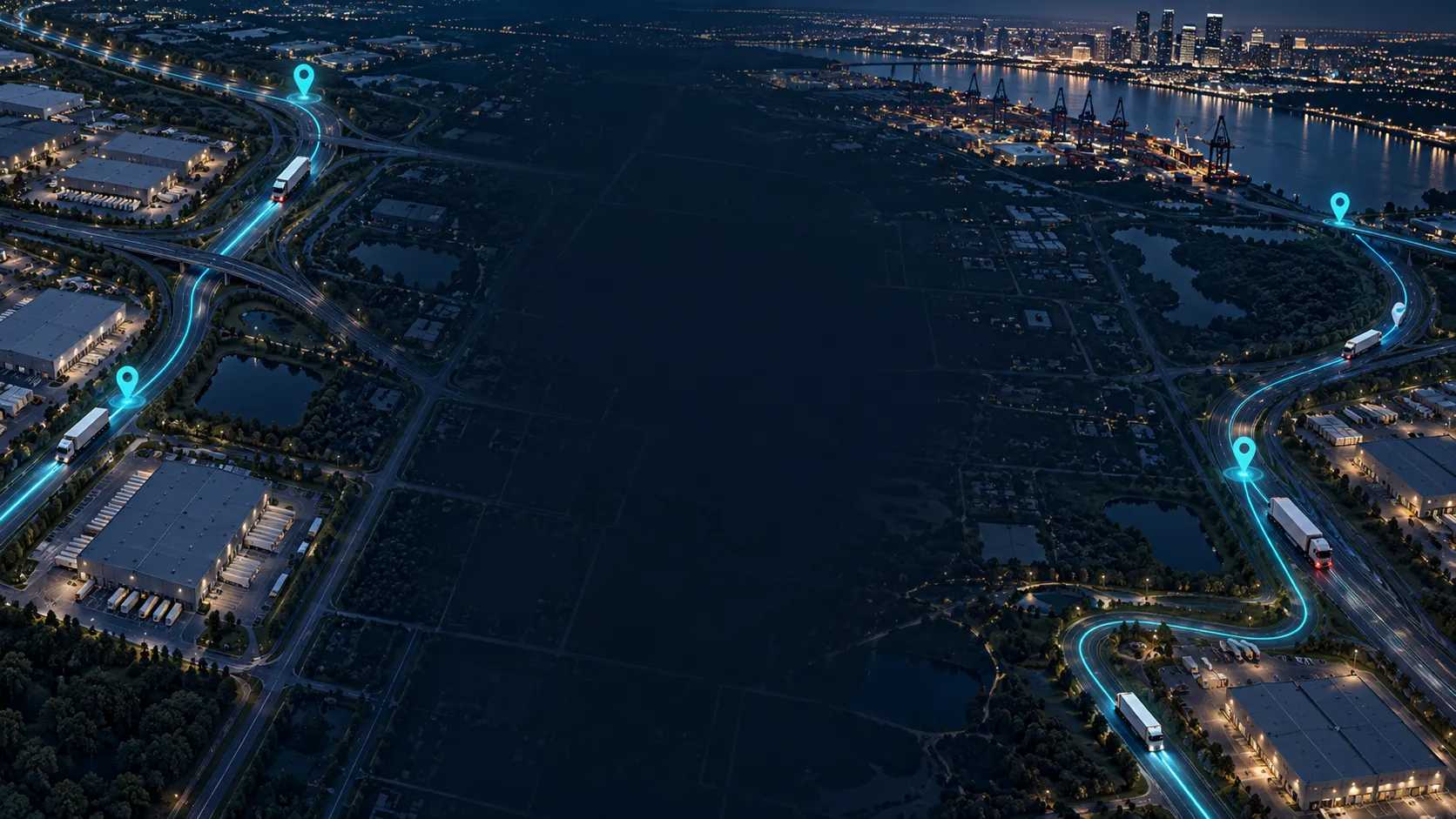 Aerial tracking routes connecting roads and logistics facilities